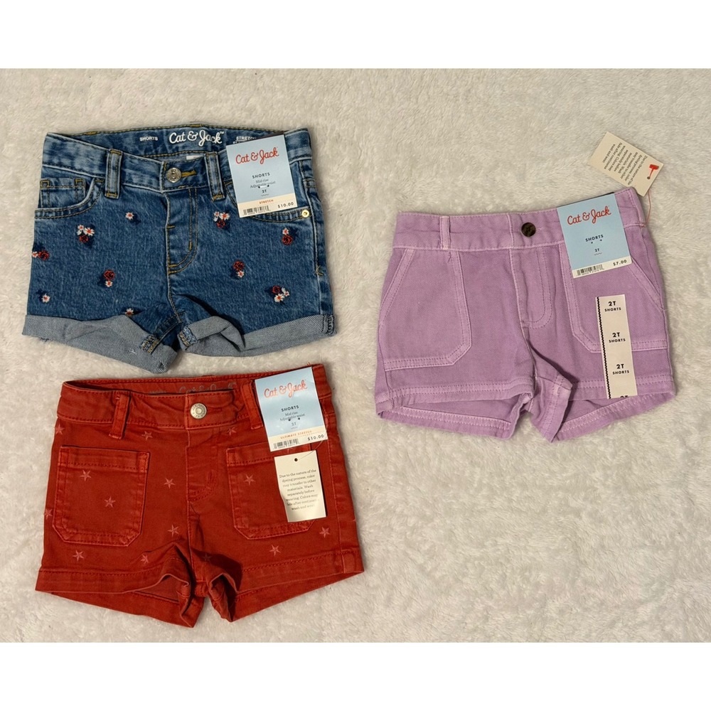 3 pc Toddler Girls 2T Shorts Lot; Denim, Adjustable Waist Cat & Jack NWT